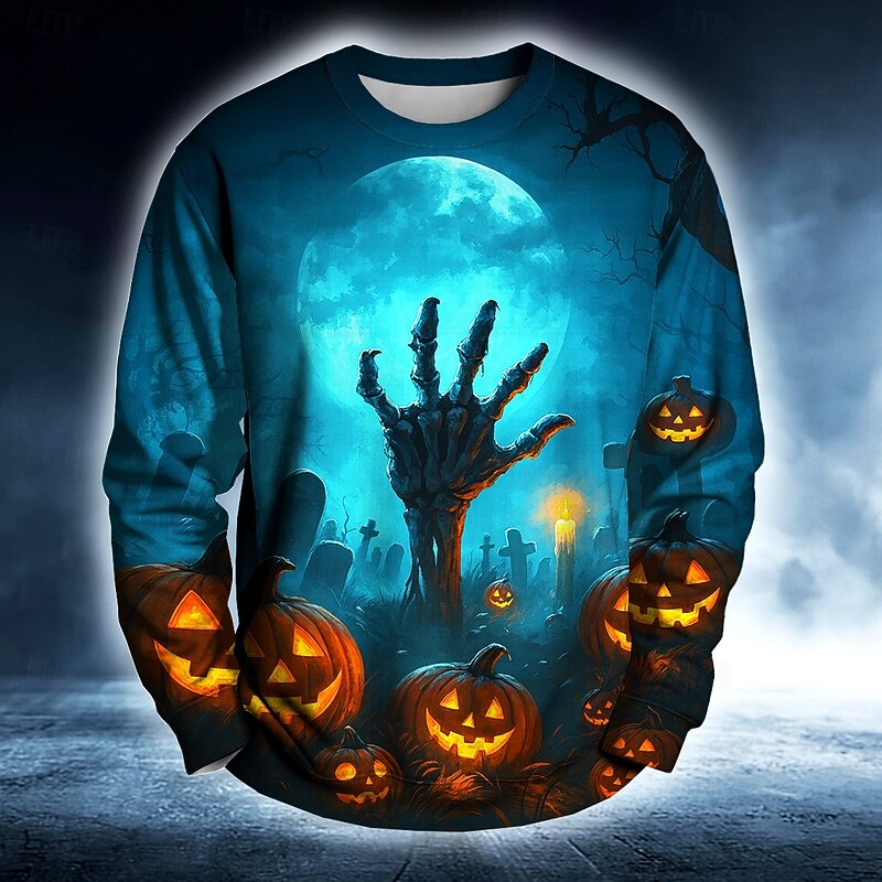 Halloween Men's Pumpkin Sweatshirt Punk Party Crew Neck Vacation Black Crewneck 3D All Seasons Designer