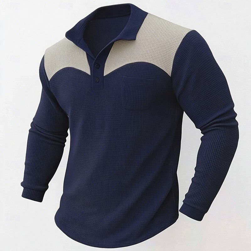 Men's Waffle Knit Polo Shirt Business Casual Lapel Classic Long Sleeve Fashion Basic Color Block Pocket Color Block Fall Winter Regular Fit Brown Navy Blue Dark Green Waffle Knit Polo Shirt4