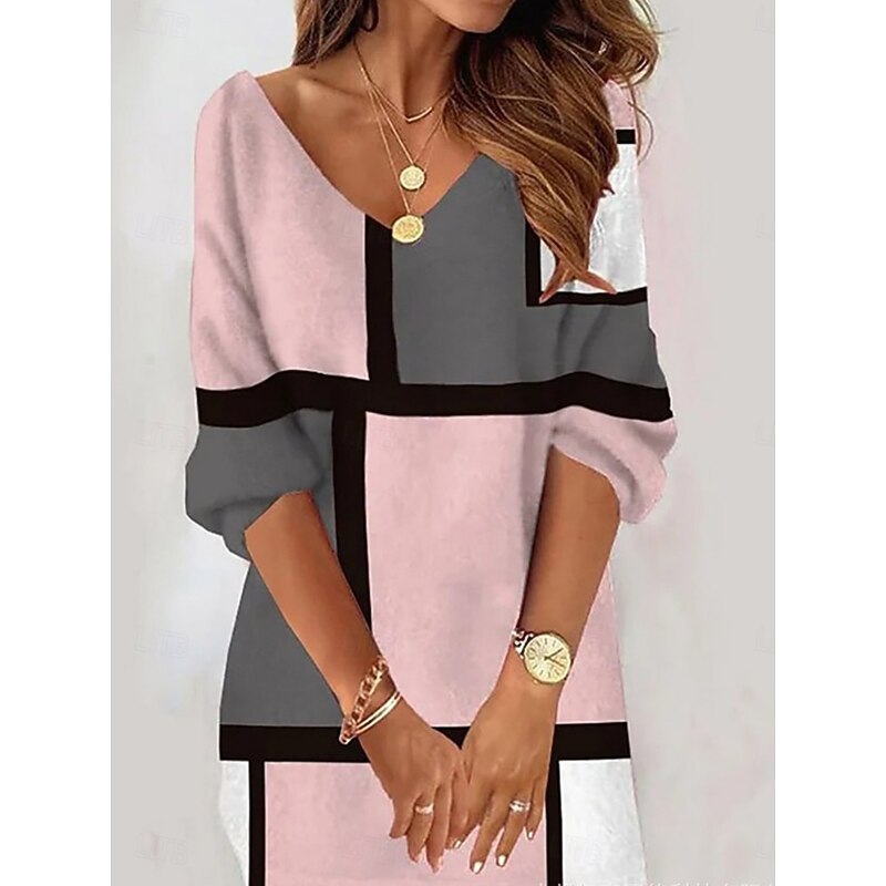 Women's Mini Dress Casual Dress Winter Dress Shift Dress Fashion Modern Daily Beach Weekend Regular Fit Plaid Color Block Long Sleeve V Neck Pink Khaki Gray Summer Spring Fall Autumn2