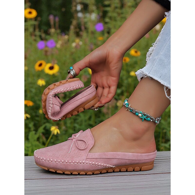 Women's Pink Foldable Slip-On Mules – Lightweight Perforated Moccasins for Casual Wear, Driving and Outings