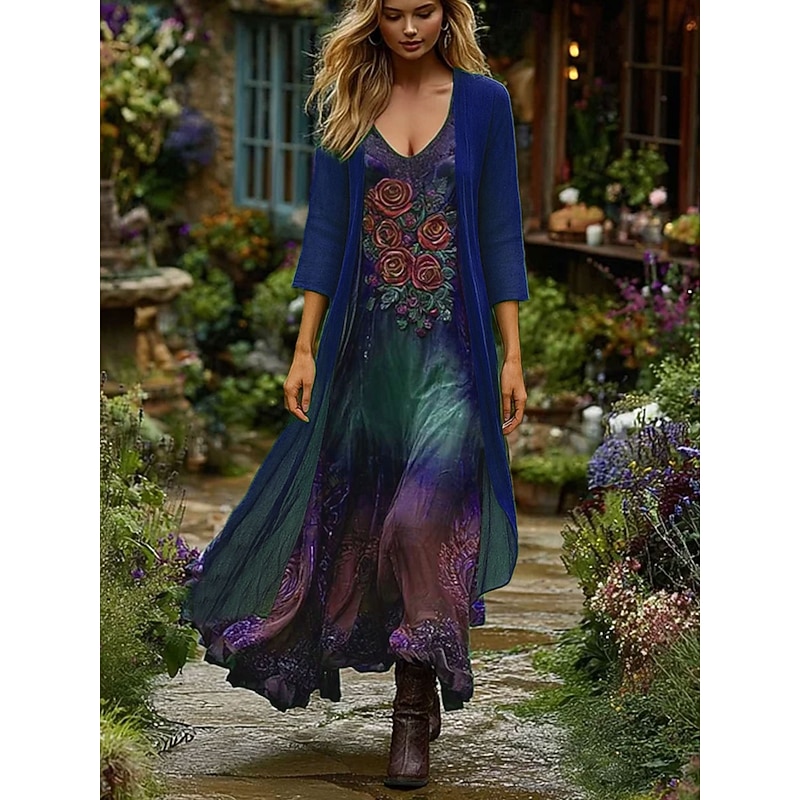 Women's Dress Set Maxi Dress A Line Dress Vacation Boho Floral Graphic Layered Print Maxi Dress 3/4 Length Sleeve V Neck Outdoor Daily Blue Purple Green Spring Fall Regular Fit3