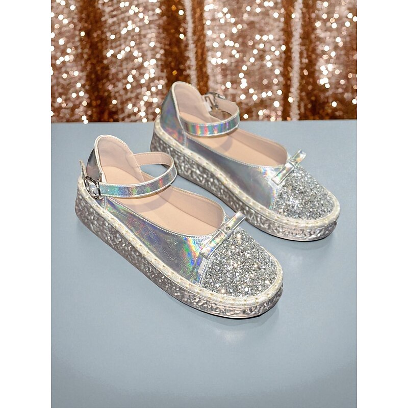 Women's Holographic Glitter Mary Jane Platform Shoes, Trendy Nightlife Party Flats with Bow Detail4