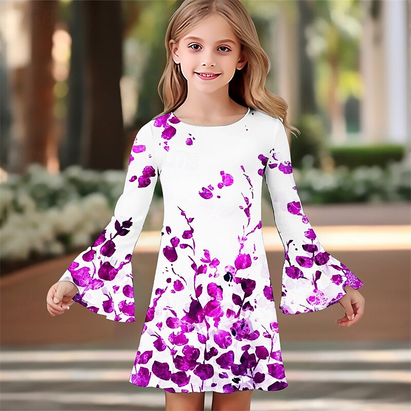 Girls' 3D Floral Dress Ruffle Dress Long Sleeve Summer Spring Vacation Daily Holiday Beautiful Sweet Kids 4-12 Years Casual Dress Knee-length Regular Fit2