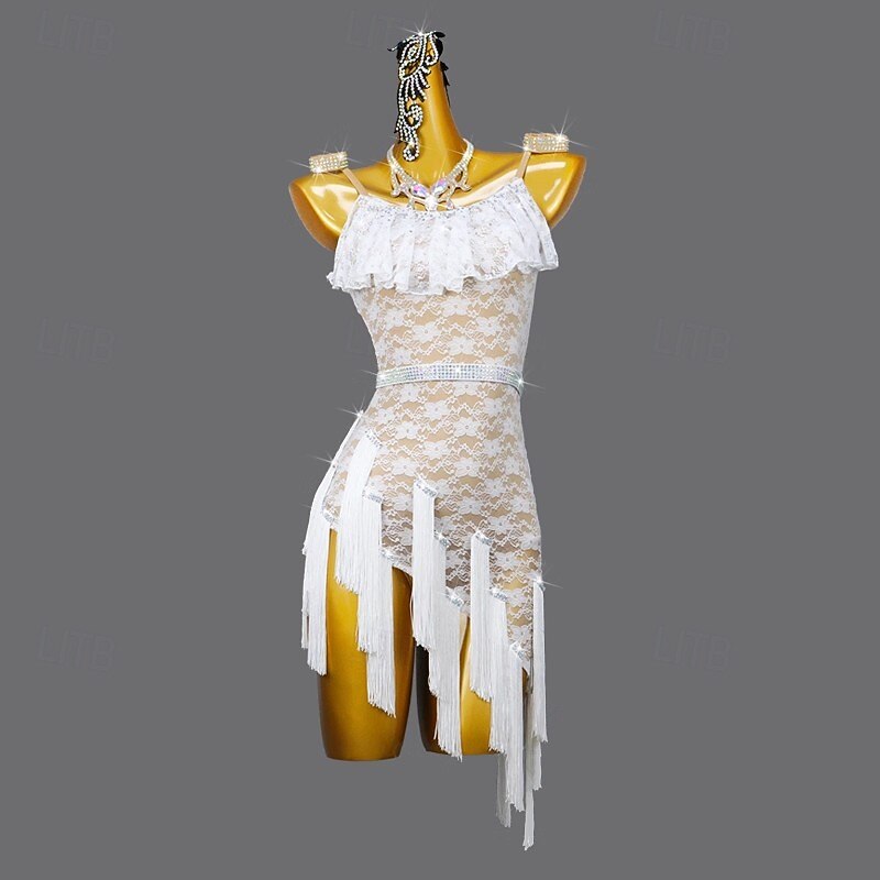 Latin Salsa Dance Dress Rhinestone Ruffles Tassel Women's Performance Training Sleeveless Spandex Lace