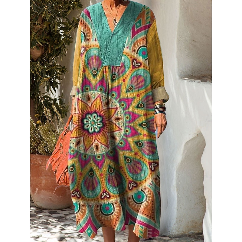 Women's Maxi Dress Sundress A Line Dress Casual Boho Holiday Loose Fit Graphic Geometric Long Sleeve V Neck Pink Blue Purple Green Summer Spring Fall