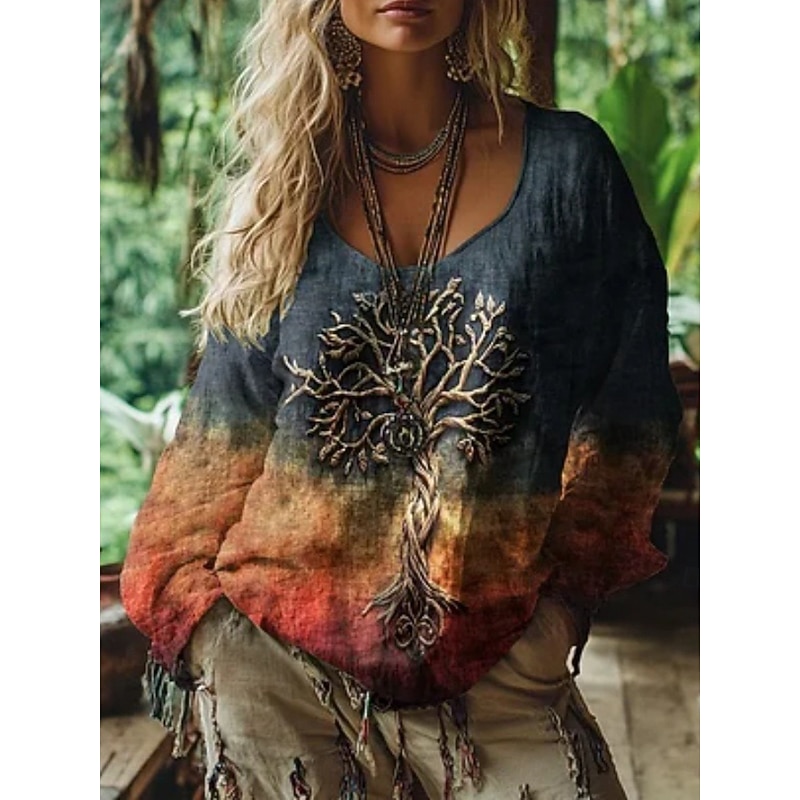 Women's Blouse Graphic Vintage Daily Casual Long Sleeve V Neck Regular Tops Tribal Tree Of Life Vintage Designer Vacation Street Going out Daily Holiday Print Yellow Purple Fuchsia Summer Spring Fall