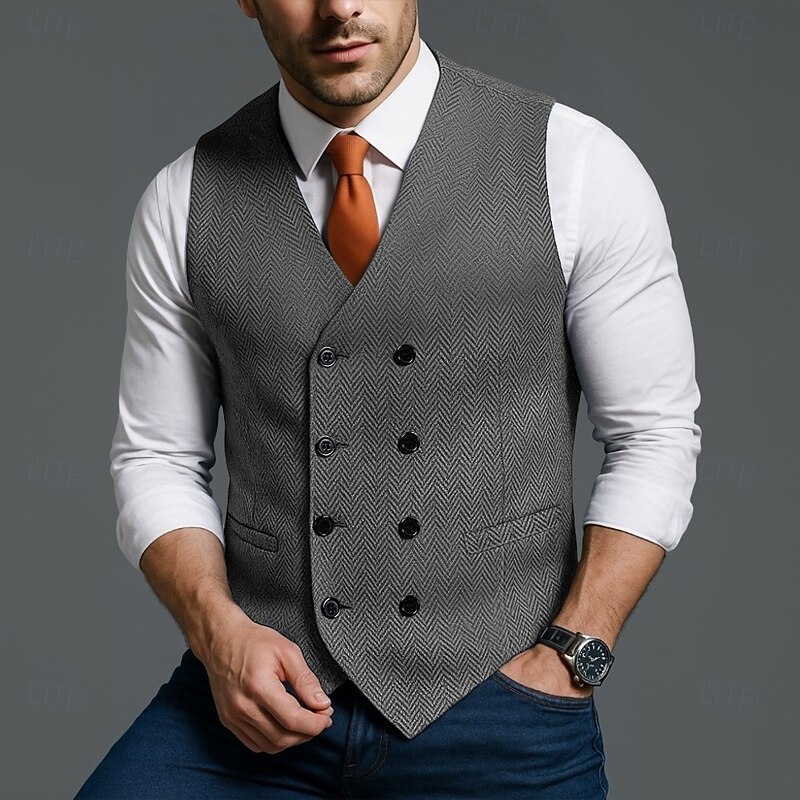 Men's Vest Waistcoat Formal Vacation Daily Wedding Party Fashion Classic Spring Fall Pocket Buttons Polyester Comfortable Plain Herringbone Double Breasted V Neck Slim Fit Black Red Navy Blue Royal4