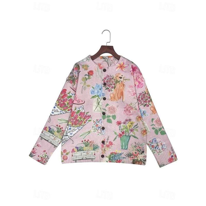 Women's Cardigan Sweater Knitted Ribbed Button Front Round Neck Long Sleeve Lightweight female Daily Animal Crew Neck Buttons Print Long Tops Knit Outdoor Weekend Pink Fall Winter2