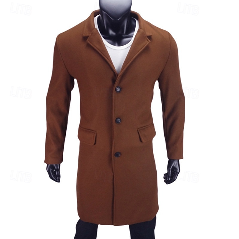Men's Overcoat Trench Coat Long Trench Coat Vacation Daily Fall Winter Polyester Warm Soft Outerwear Clothing Apparel Fashion Classic Plain Pocket Lapel Single Breasted3