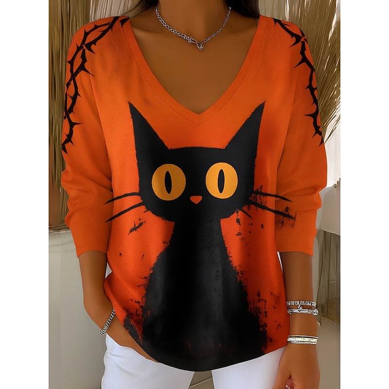 Halloween Women's Blouse Cat Vintage Stylish Classic Long Sleeve V Neck Regular Tops Daily Print Orange Fall Winter - Main Image