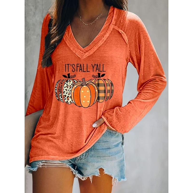 Halloween Women's T shirt Pumpkin Long Sleeve Graphic Vintage Stylish Classic Long Sleeve V Neck Regular Tops Daily Print Black White Pink Blue Orange Spring Fall Prefall