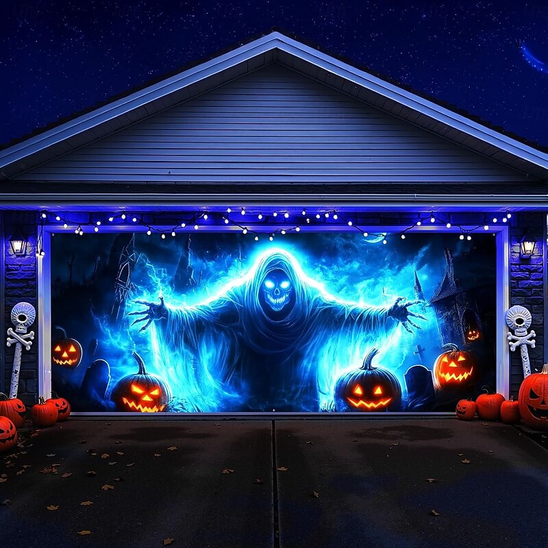 Halloween Garage Door Cover Large Hanging Backdrop Pumpkin Ghost Dark Punk Gothic Style Party Outdoor Shooting Backgrounds Yard Haunted House Home Decor2