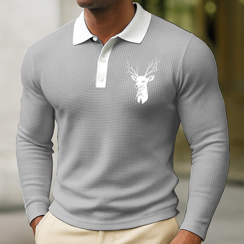 Men's Animal Deer Waffle Polo Shirts Long Sleeve Polo Shirts Collared Shirts Casual Wear to work Daily Wear Buttons Spring Fall Winter Navy Blue Blue Green4