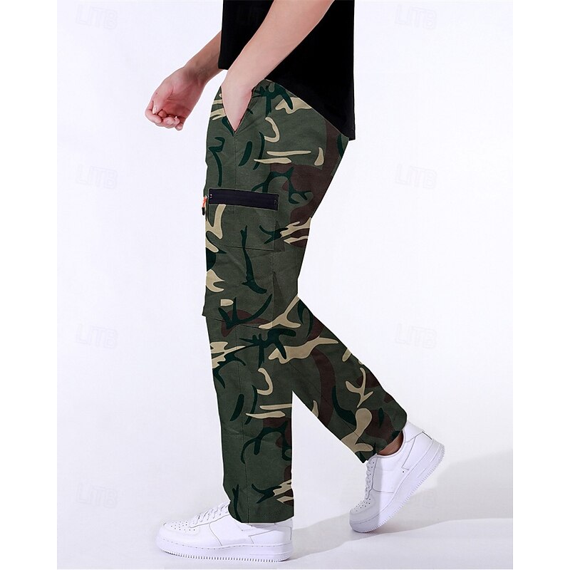 Men's Cargo Pants Trousers Drawstring Elastic Waist Multi Pocket Plain Camouflage Wearable Outdoor Daily Camping & Hiking Fashion Classic ArmyGreen Black3