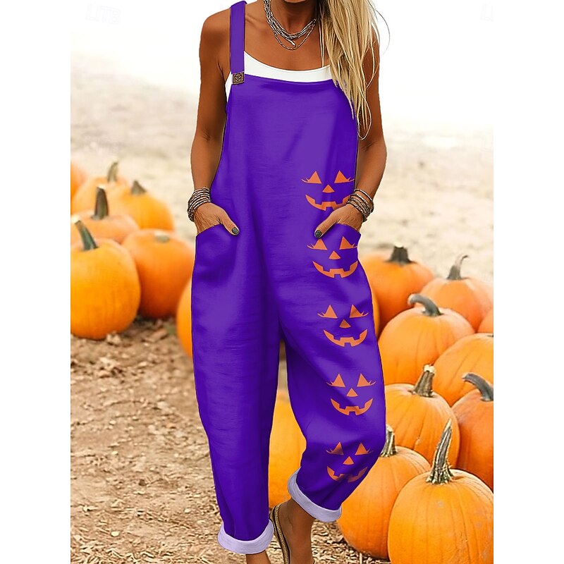 Halloween Women's Jumpsuit Active Graphic Sleeveless Sleeveless Wide Leg Pocket Buttons Vacation Halloween Loose Fit Black White Purple Summer4