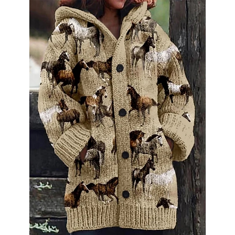 Women's Cardigan Vacation Daily Animal Ribbed Hooded Knitted Print Front Pocket Long Sleeve Regular Tops Knit Outdoor Daily Holiday Yellow Red Fall Winter3