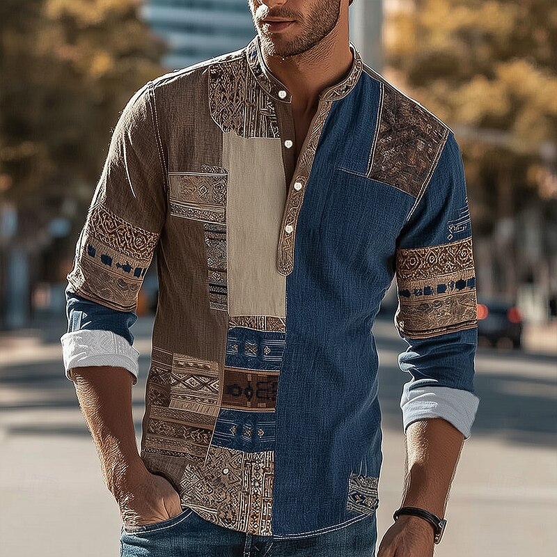 Men's Geometric Color Block Patchwork Shirt Henley Shirt Stand Collar Shirt Long Sleeve Vintage Retro Vacation Casual Summer Spring Mandarin Buttons Linen Like Shirt Wine Blue Purple Brown