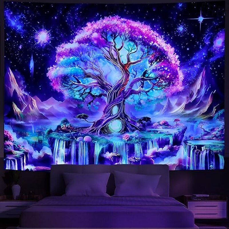 Galaxy Tree of Life Blacklight Tapestry – Psychedelic Trippy Wall Hanging for Bedroom or Living Room, Glowing Fluorescent UV Reactive Decor2