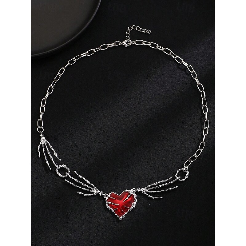 Women's Halloween Skeleton Hand Heart Necklace, Gothic Punk Red Gem Pendant Chain Jewelry for Costume Parties and Cosplay4