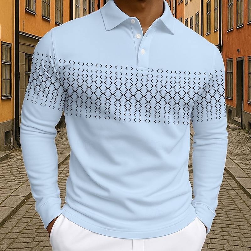Men's Geometric Polo Long Sleeve Polo Shirts Lapel Business Casual Athleisure Daily Wear 3D Print Buttons Spring Fall Winter Black White Blue3