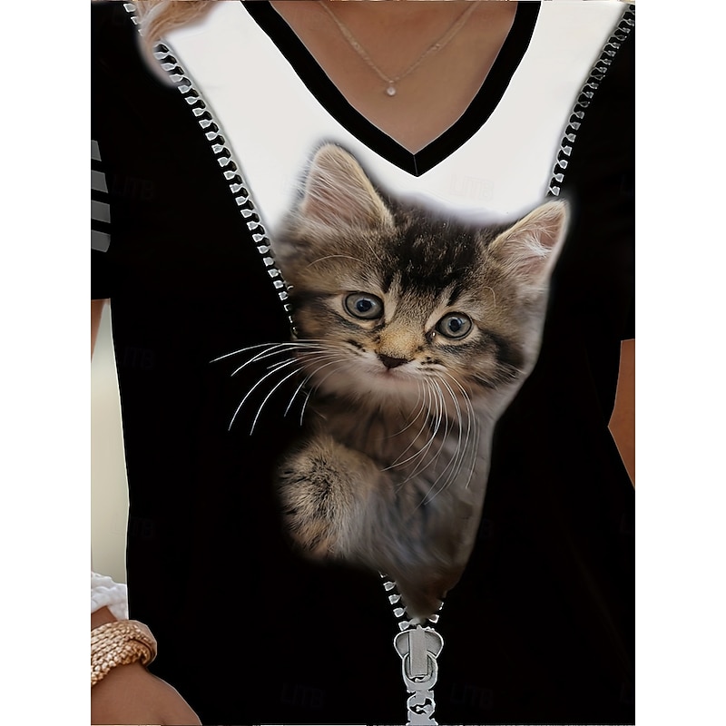 Women's T Shirt Graphic Animal Cat Vintage Stylish Classic Short Sleeve V Neck Regular Tops Daily Weekend Print Black Summer Spring Fall3