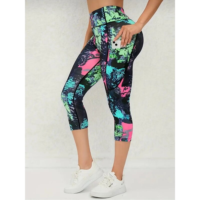 Women's Yoga Pants Side Pockets Butt Lift Tummy Control High Waist Pilates Gym Workout Running Tights Capri Leggings Bottoms Print Black+Pink+Green Black White Spandex Fall Winter Sports Activewear2