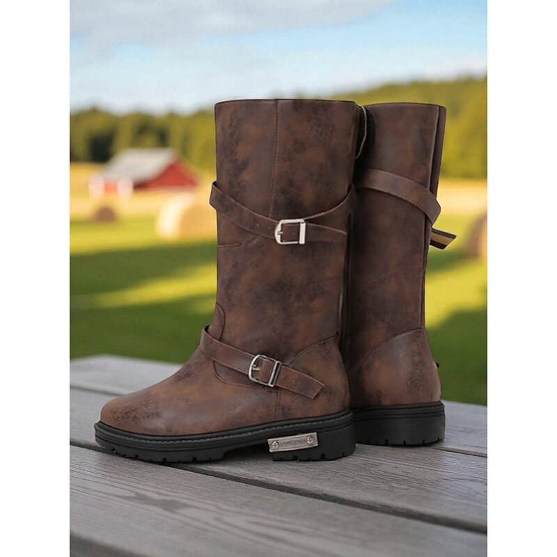 Women's Brown Mid-Calf Boots – Distressed Faux Leather, Dual Buckle Straps, Rugged Casual Outdoor Footwear2