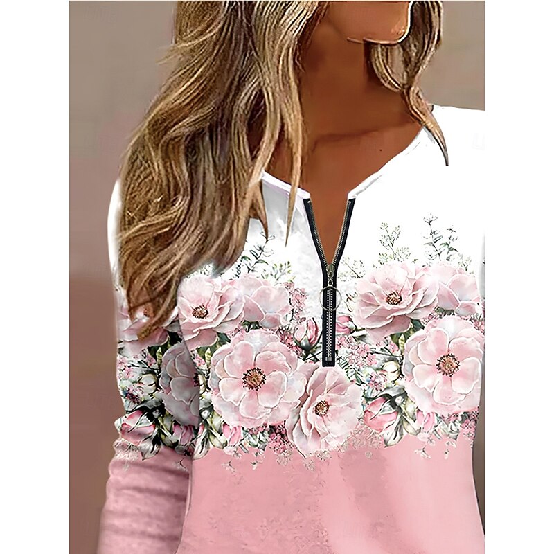 Women's T Shirt Ombre Floral Graphic Elegant Vintage Stylish Long Sleeve Round Neck Notched Neck Regular Tops Daily Weekend Zipper Print Pink Sky Blue Purple Spring Fall Winter2