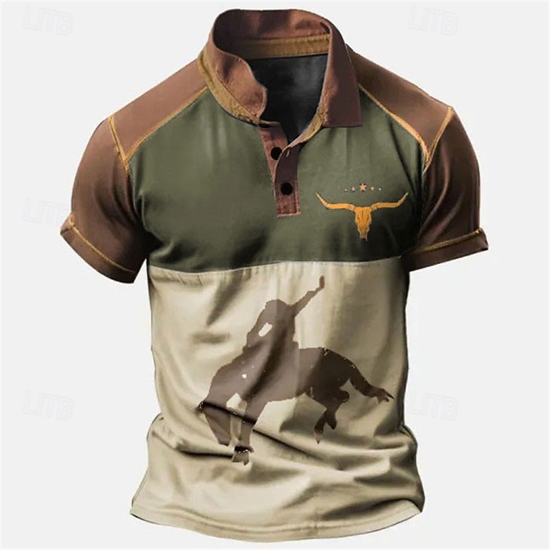 Men's Western Wear Polo Shirts Golf Shirt Short Sleeve Polo Shirts Collared Shirts Vintage Casual Vacation Wear Party Outfits Buttons 3D Print Blue Brown Green4