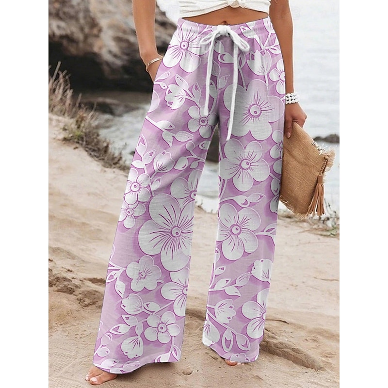 Women's Wide Leg Pants Trousers Vacation Casual Long High Waist Floral Elastic Waist Printing High Cut Breathability Soft Micro-elastic Vacation Street Daily Wear Purple Green Khaki Spring Fall2