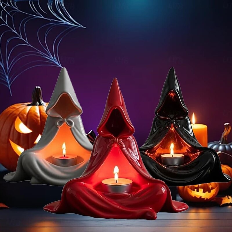 Halloween Hooded Cloak Ghost Tea Light Candle Holders Mystic Wizard Candle Holder Wizard Candlestick Small Ornament Suitable for Home Bar and Festival Celebration3