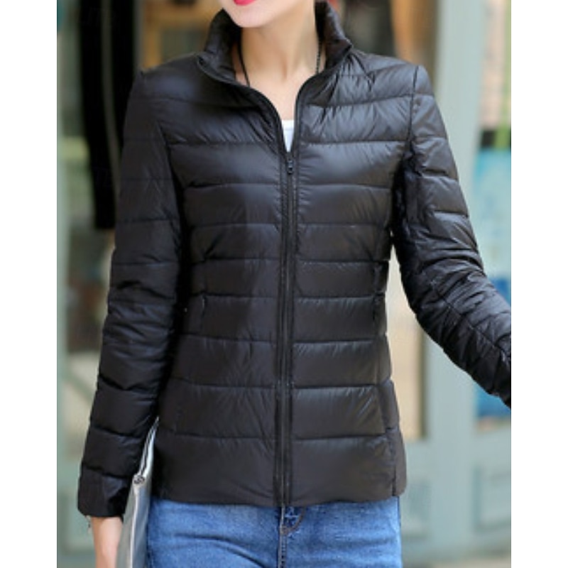 Women's Down Jacket Warm Comfortable Zipper Pocket Casual Plain Outdoor Going out Weekend Zipper Regular Stand Collar Regular Fit Long Sleeve Outerwear Black White Red Fall Winter4