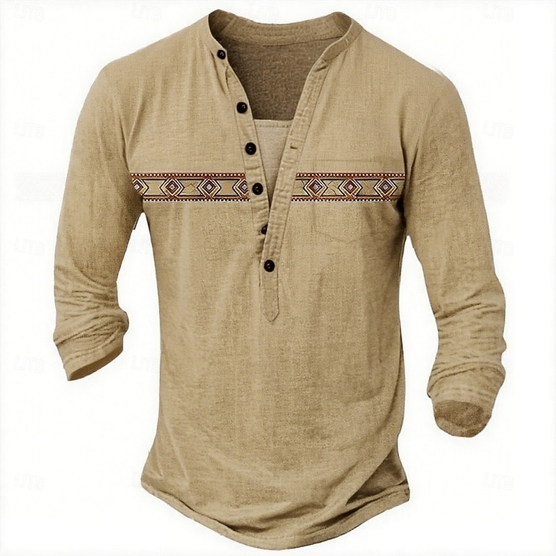 Men's Geometric Ethnic Henley Shirt Tee Long Sleeve Ethnic Casual Summer Spring Dark Grey khaki Light Grey Henley Henley T-Shirt