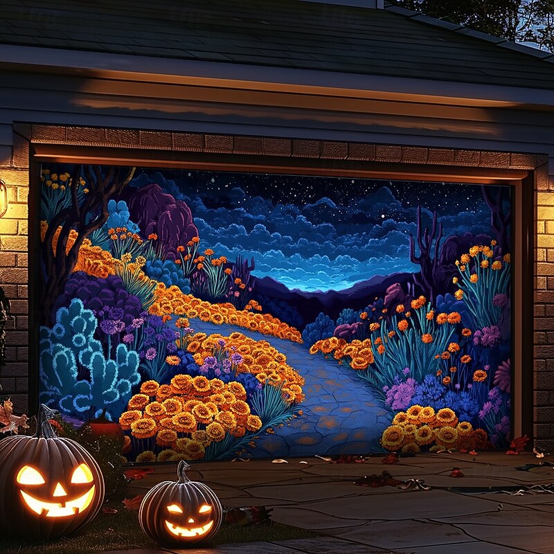 Day of the Dead Garage Door Cover Large Hanging Backdrop Marigold Mexico Dark Punk Gothic Style Party Outdoor Shooting Backgrounds Front Door Home Decor3