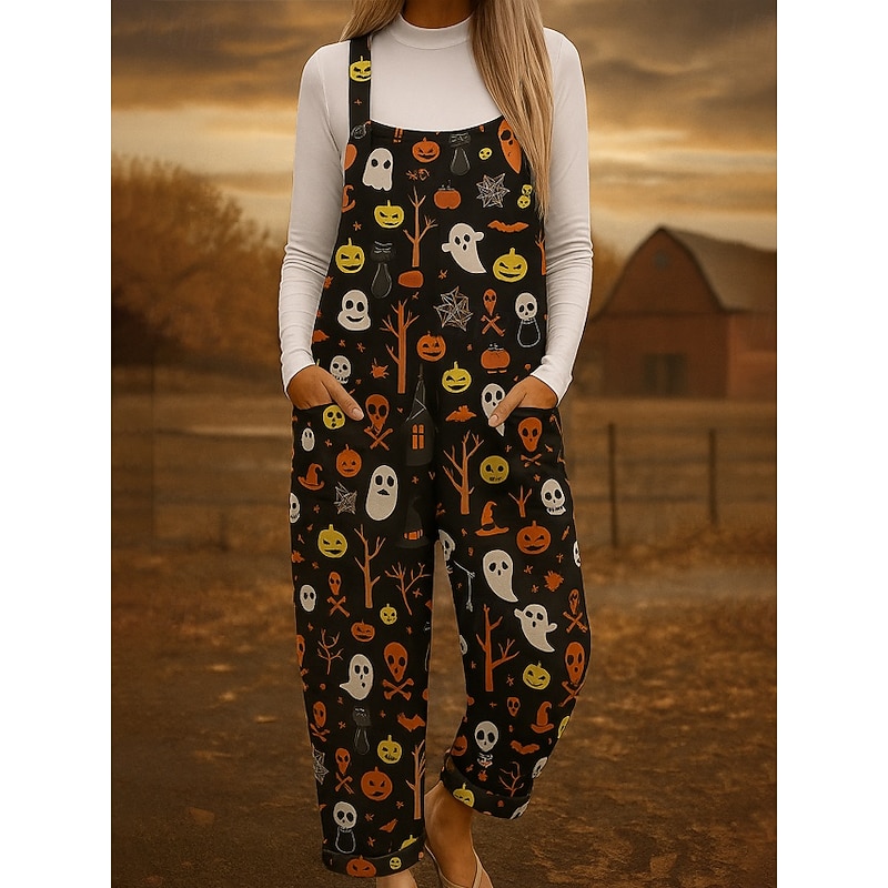 Halloween 100% Cotton Women's Overall Lightweight Floral Ghost Sleeveless Straight Round Neck Pocket Vacation Daily Loose Fit Black White Orange Summer