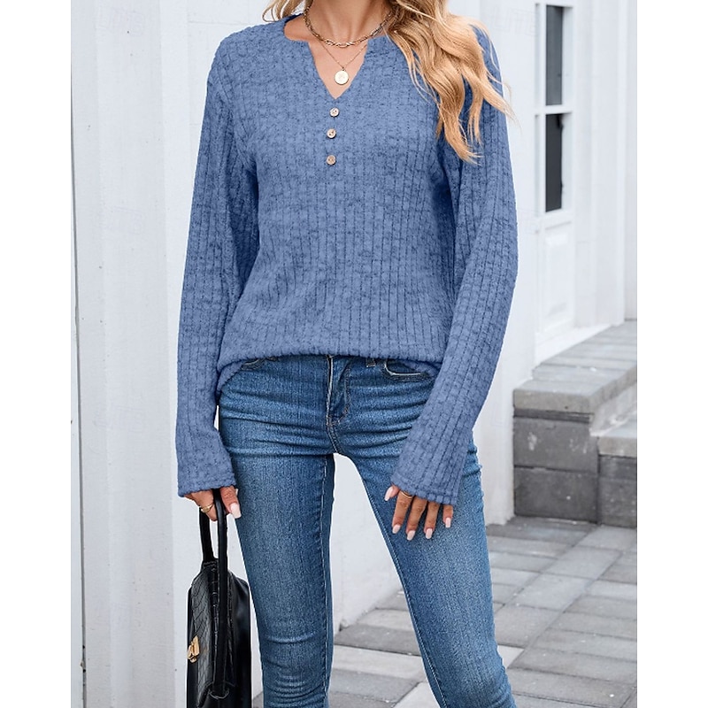 Women's Texture Blouse T Shirt Plain Casual Long Sleeve V Neck Regular Tops Daily Weekend Buttons Black Wine Royal Blue Blue Khaki Fall2