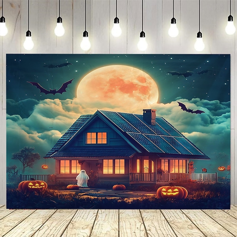 Halloween Photograph Backdrop Tapestry, Pumpkin Lantern, Bat, Full Moon, and Haunted House Pattern Wall Hanging, Large Decorative Mural for Bedroom, Living Room, Party, and Home Decoration2