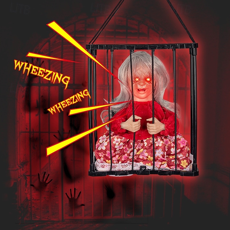 Scary Cage Halloween Doll Haunted House Prop with Screaming Voice Nightmare Creature