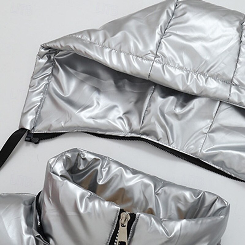 Men's Puffer Vest Vest Gilet Vacation Daily Date Fashion Casual Fall & Winter Pocket Polyester Warm Comfortable Solid Color Zipper Hooded Regular Fit Silver Black Red Dark Silver Vest3