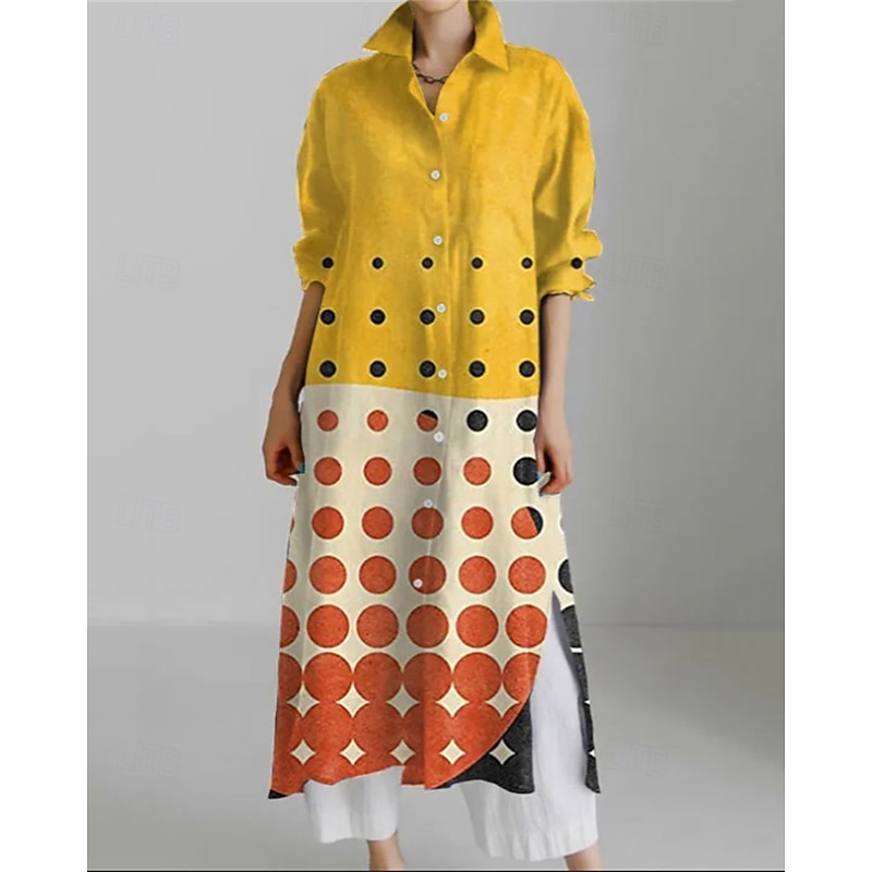 Women's Long Dress Maxi Dress Shirt Dress Casual Dress Print Dress Fashion Modern Daily Weekend Regular Fit Geometric Flower Long Sleeve Shirt Collar Yellow Blue Khaki Dark Blue Spring Fall4
