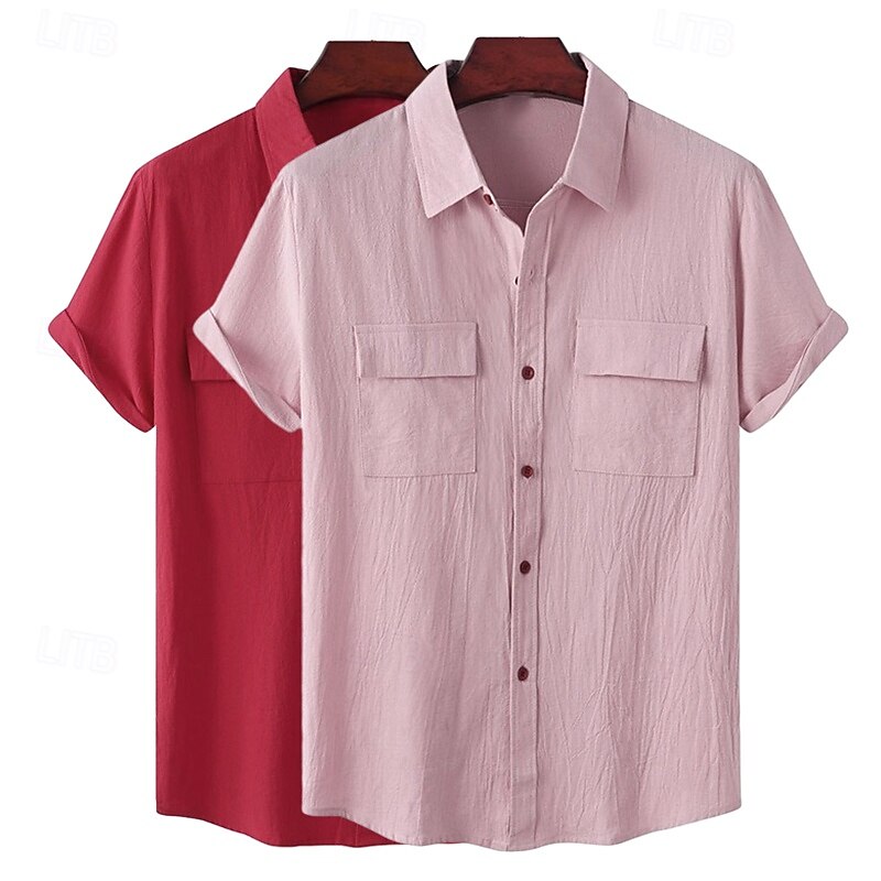 Men's Shirt Linen Shirt Summer Shirt Beach Wear Button Up Shirt Plain Vacation Casual White+Green Green+pink White+Navy Blue Pink+Navy Blue Short Sleeve Turndown Summer Clothing Apparel Multi Pocket4