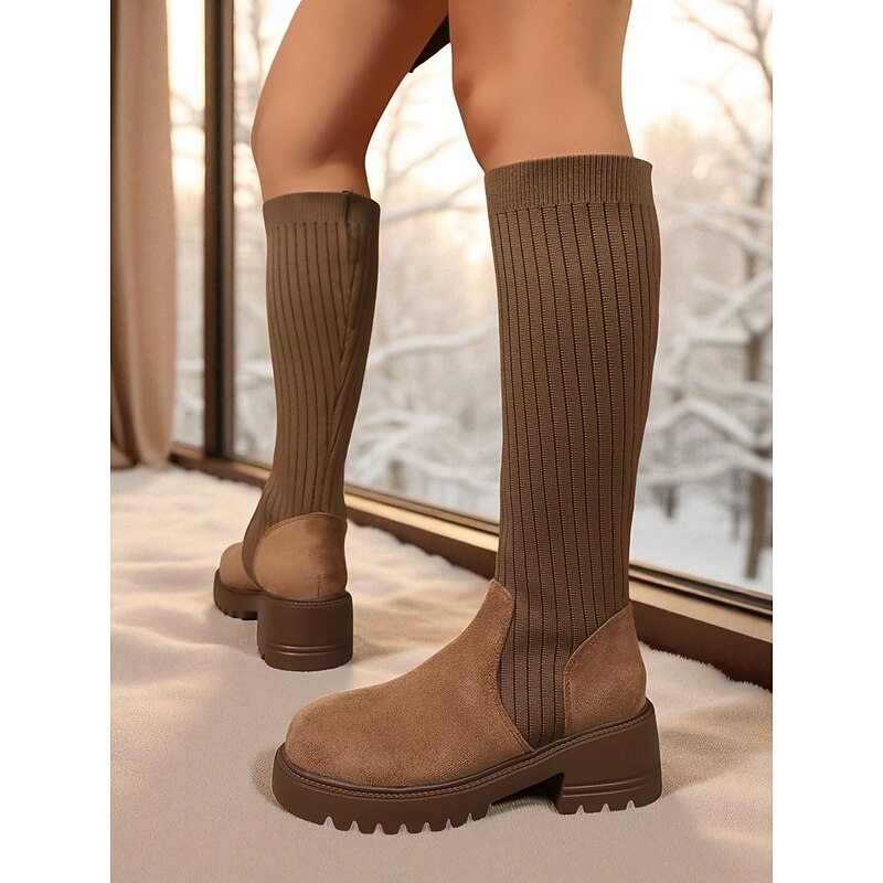 Women's Brown Knee-High Sock Boots with Chunky Heel, Stretch Knit and Faux Suede Combination for Stylish Casual Wear4