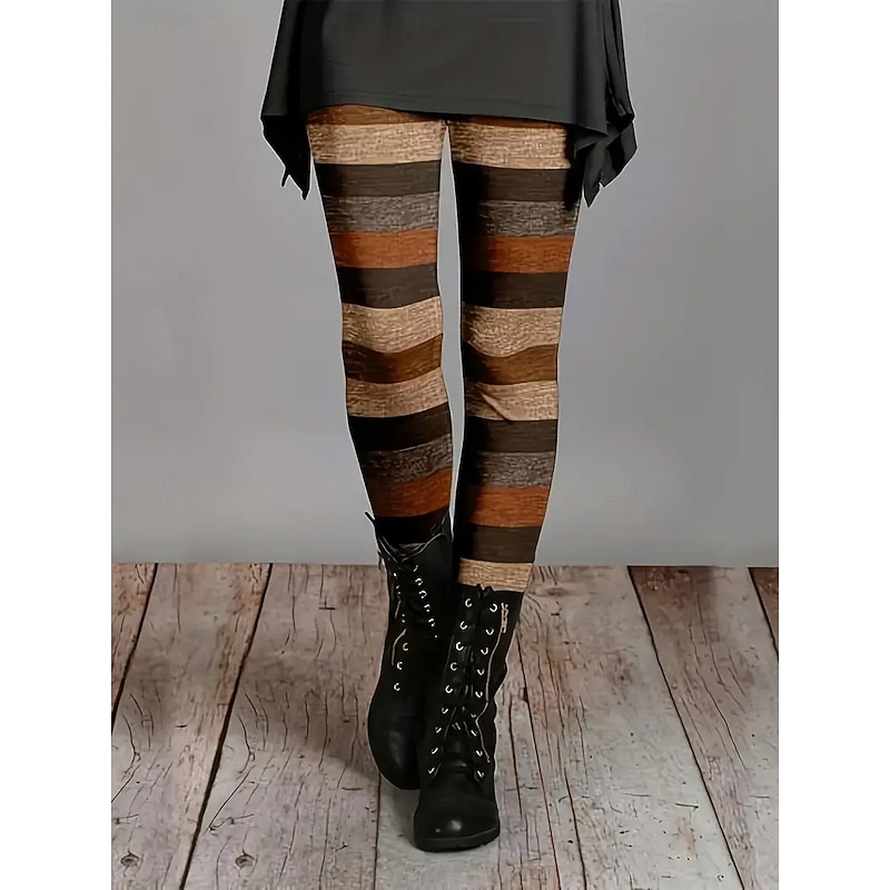 Women's Pants Trousers Leggings Cozy Leggings Streetwear Casual Full Length High Waist Color Block Elastic Waist Print Breathability Comfortable Stretchy Vacation Street Daily Wear Light Brown Brown4