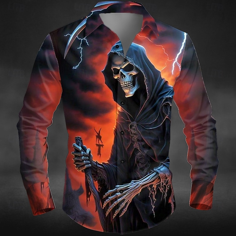 Halloween Men's Grim Reaper Lightening Death Shirt Button Up Shirt Long Sleeve Dark Punk Gothic Style Outdoor Holiday Summer Spring Turndown 3D Print Collared Shirts Yellow Orange Green