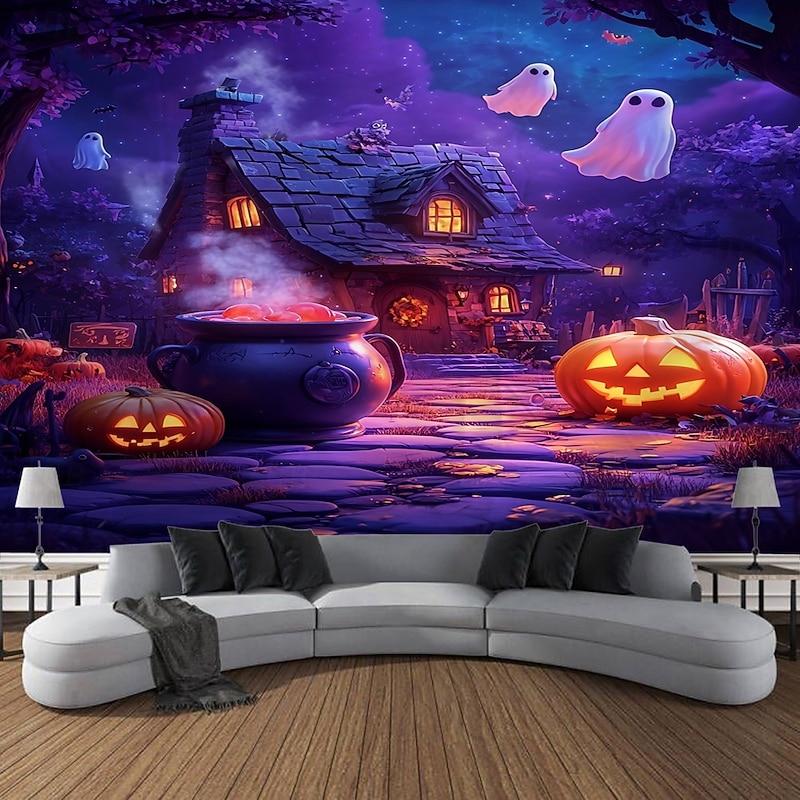 Halloween Photo Backdrop Tapestry, Ghost and Pumpkin Pattern Wall Hanging, Large Decorative Mural for Bedroom, Living Room, Party, and Home Decoration3