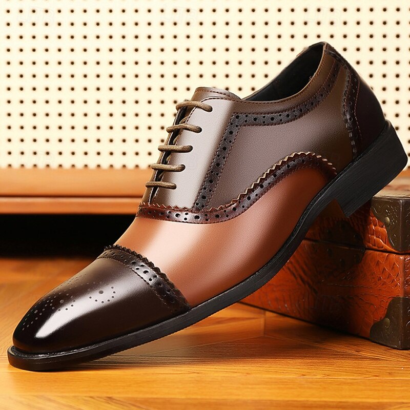 Men's Brown and Black Two-Tone Brogue Shoes – Faux Leather Lace-Up Dress Shoes for Business and Semi-Formal Wear