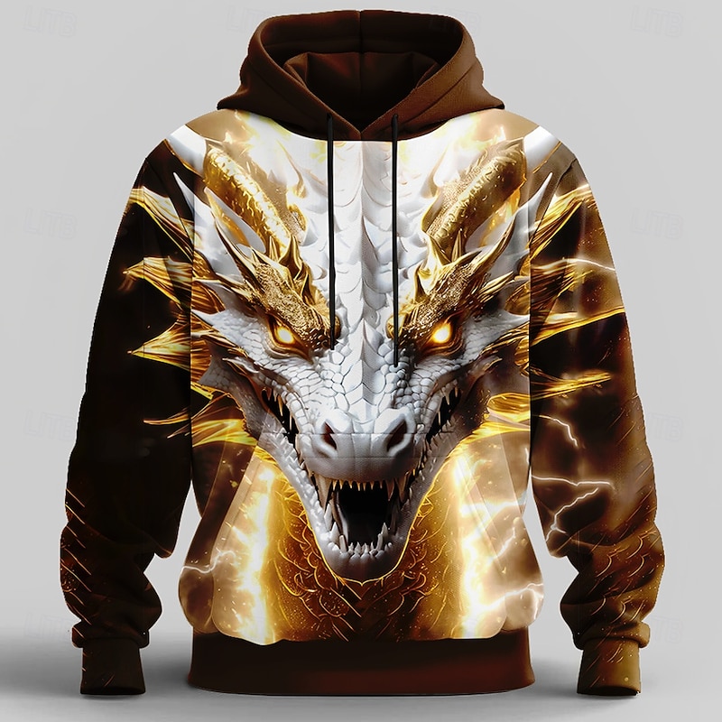 Men's Dragon 3D Hoodie Sweatshirt Cool Party Crew Neck Club Streetwear Gold Drawstring Fall Winter Designer