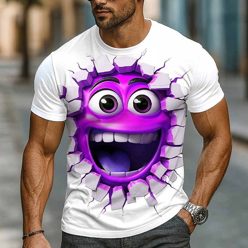 Men's Optical Illusion 3D Funny Emotes T Shirt Short Sleeve T shirt 3D Print Crew Neck Shirt Exaggerated Designer Party Daily Holiday Yellow Purple Green Summer Spring All Seasons Clothing Apparel S2
