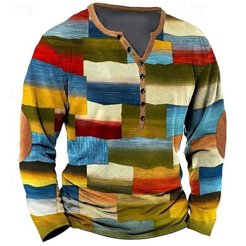 Men's Geometric Patchwork T Shirt Henley Shirt Tee Long Sleeve Vintage Designer Stylish Outdoor Casual Daily Spring & Summer All Seasons Green Blue khaki Henley Henley T-Shirt2