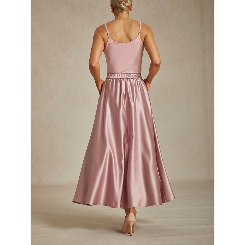 Women's Skirt Elegant Vintage Fashion Maxi Mid Waist Skirts Ruched Pleated Pocket Micro-elastic New Year Party Evening Wear Pink Spring Silk Like Satin2